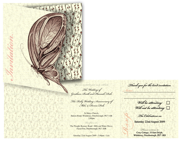  Triple fold Wedding Invitations with perforated tear off Rsvp