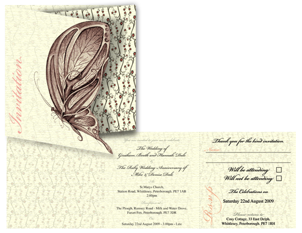 Triple fold Wedding Invitations with perforated tear off Rsvp